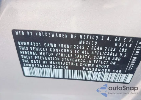 2015 Volkswagen Jetta 1.8T Se из США, поврежденный, VIN 3VWD17AJ4FM323906